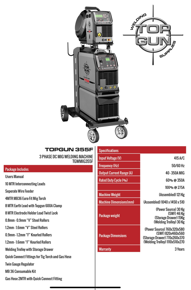 Top Gun Titan 355F - Separate Wire Feed MIG Welder – Gun Welding